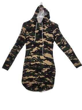 Camo Hoodie Dress Women Small Long Sleeve Army Print Bodycon Sweatshirt Dress